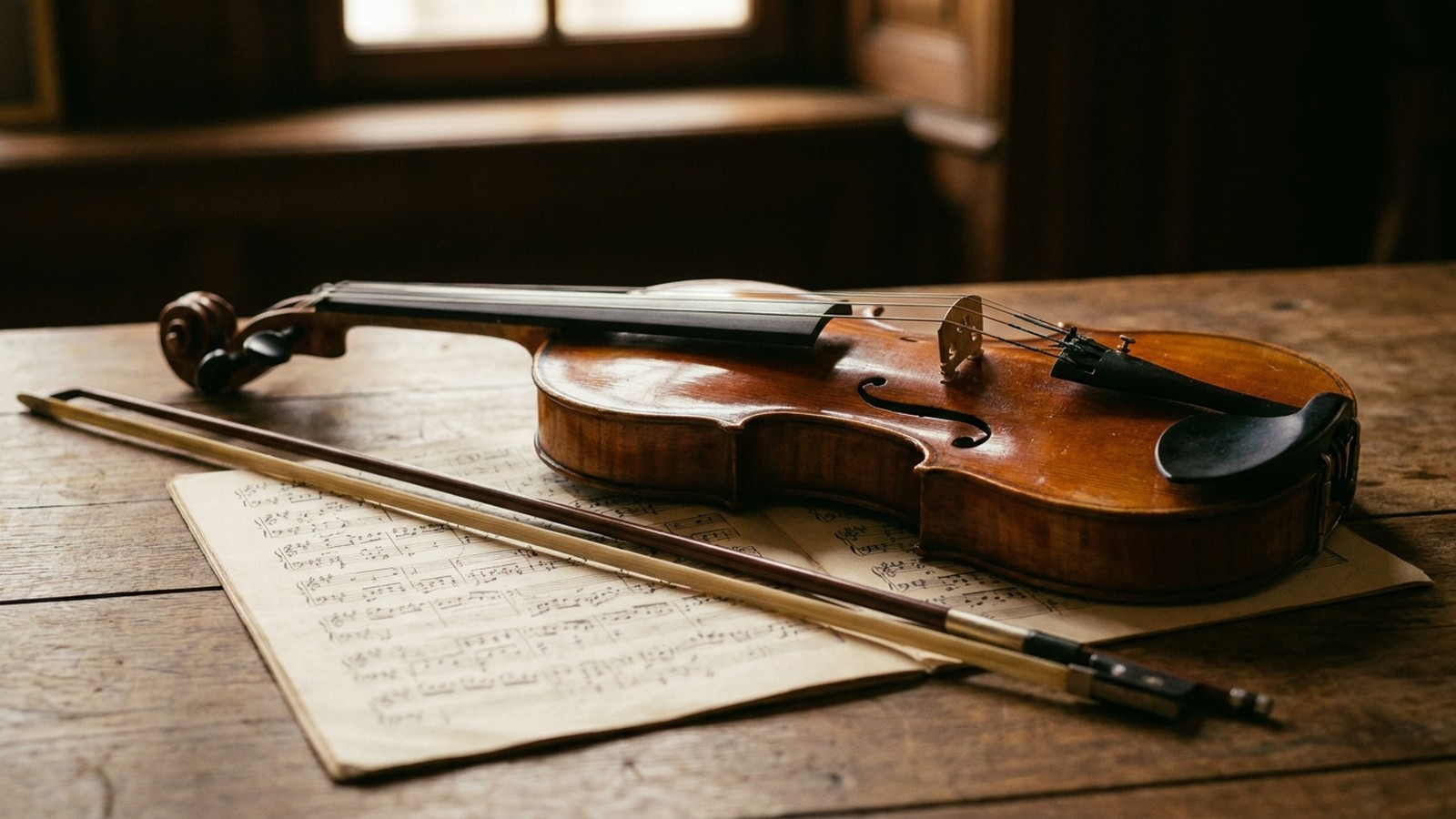 Un violon en bois verni posé sur une partition de musique ancienne à côté d'un archet, fond sombre élégant, lumière chaude douce