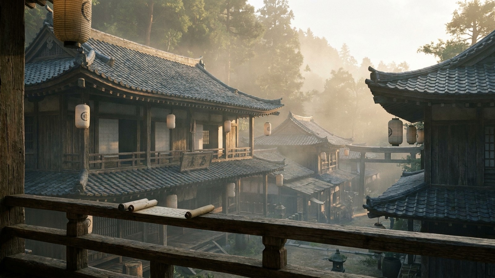 Village japonais traditionnel dans une forêt de montagne brumeuse au lever du soleil, avec lanternes