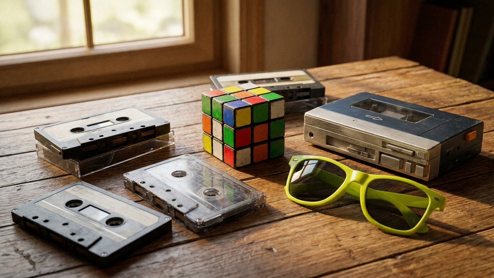 Des objets cultes des années 80 posés sur une table : cassettes, cube coloré, baladeur