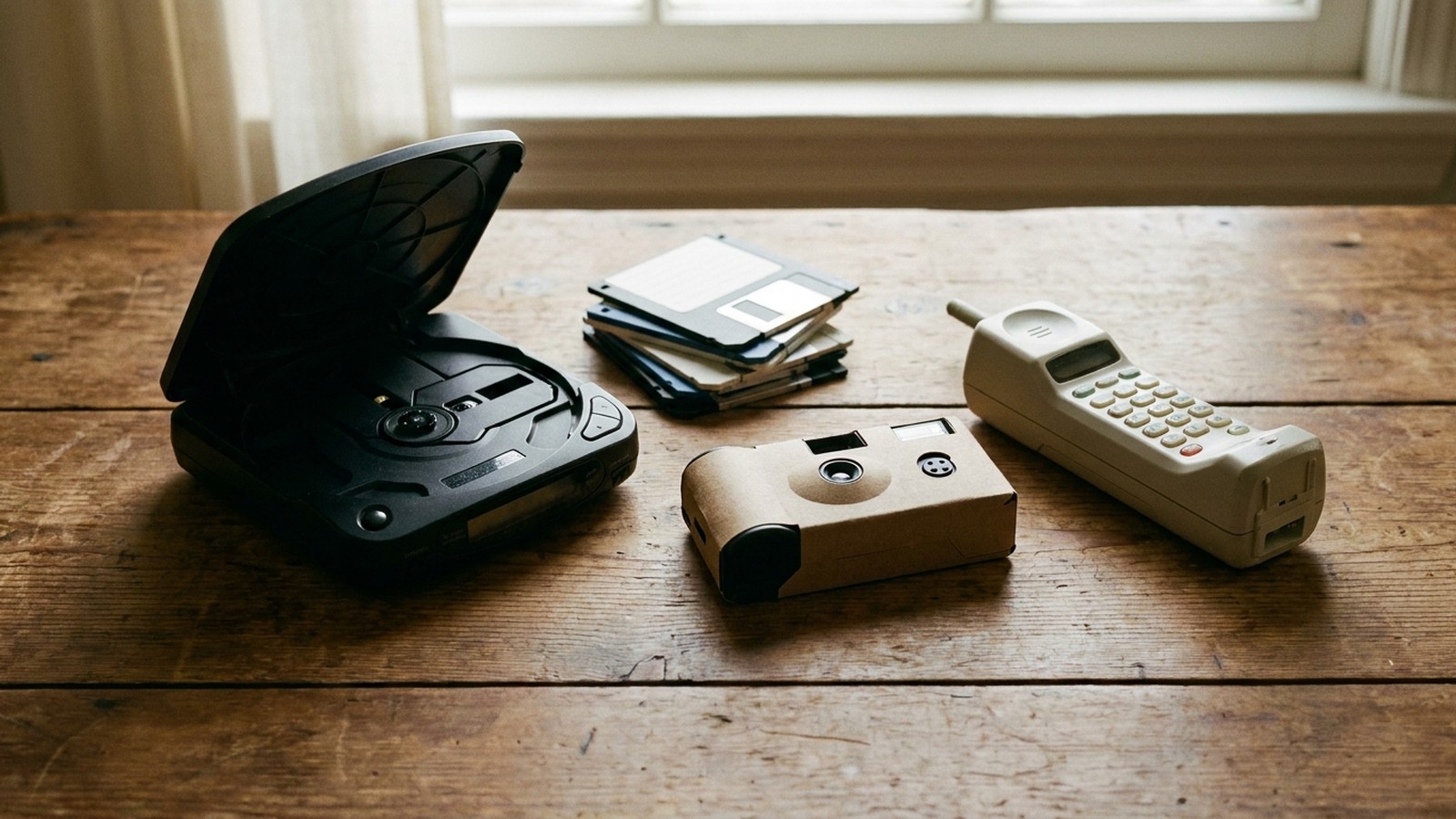 Des objets des années 90 sur une table : baladeur CD, console portable, disquettes