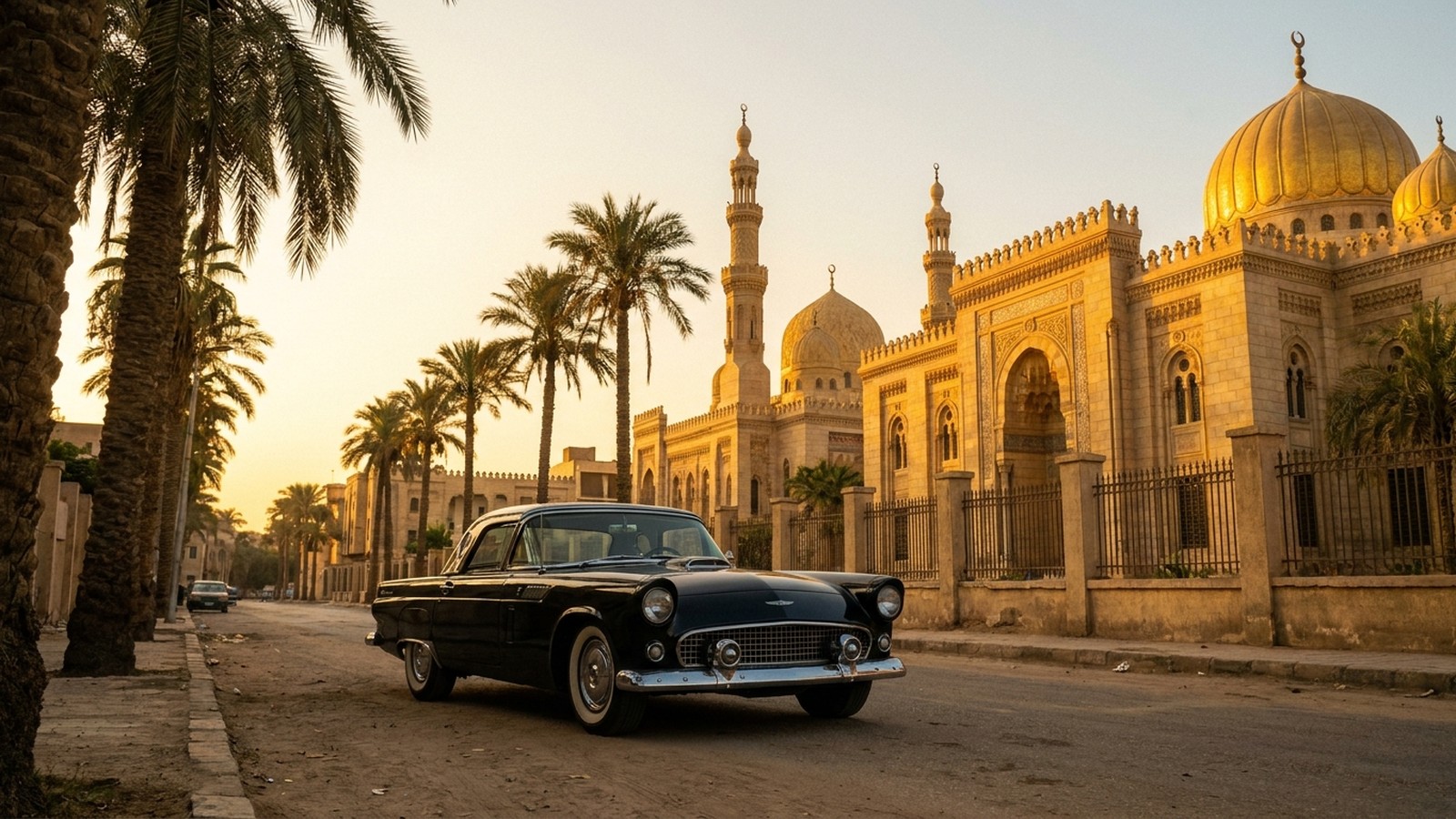 Une vue rétro du Caire dans les années 1950 avec des palmiers, une automobile ancienne et une architecture orientale