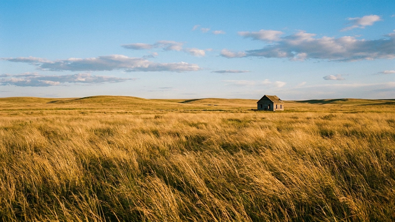 Un grand paysage de prairie américaine au soleil, hautes herbes dorées, collines douces et une petite maison en bois isolée au loin