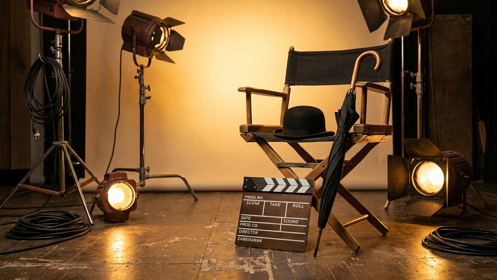 Un plateau de tournage de comédie vintage : un clap de cinéma en bois, un chapeau et un parapluie posés sur une chaise, projecteurs allumés