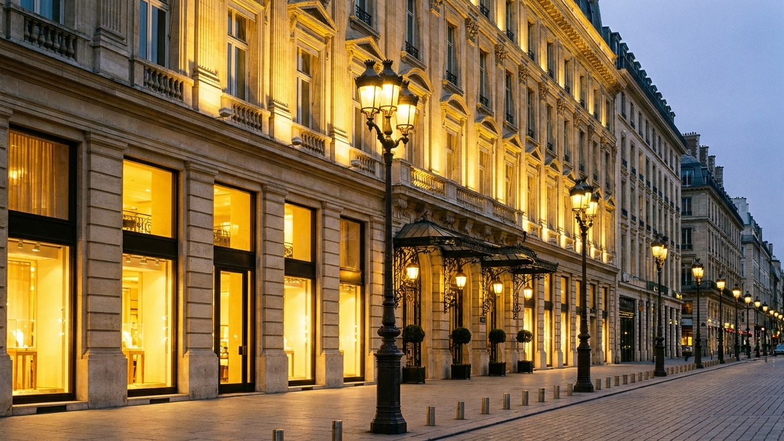 Une avenue commerçante chic au crépuscule avec des vitrines de luxe et un grand hôtel élégant