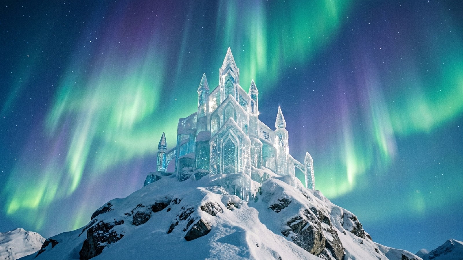 Un palais de glace scintillant au sommet d'une montagne enneigée sous des aurores boréales