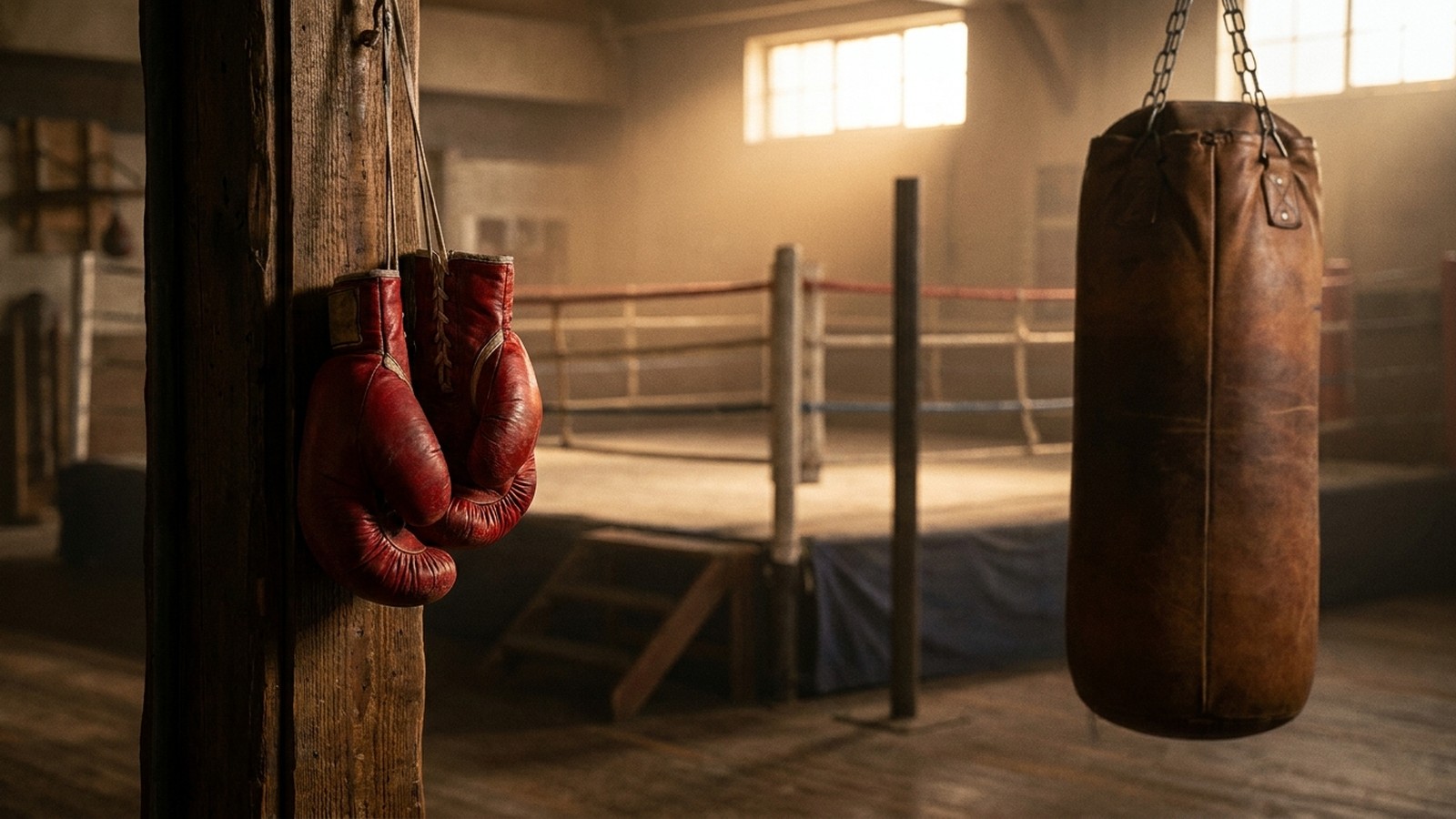 Salle de boxe vintage avec un ring éclairé, des gants de boxe rouges suspendus et un punching-ball