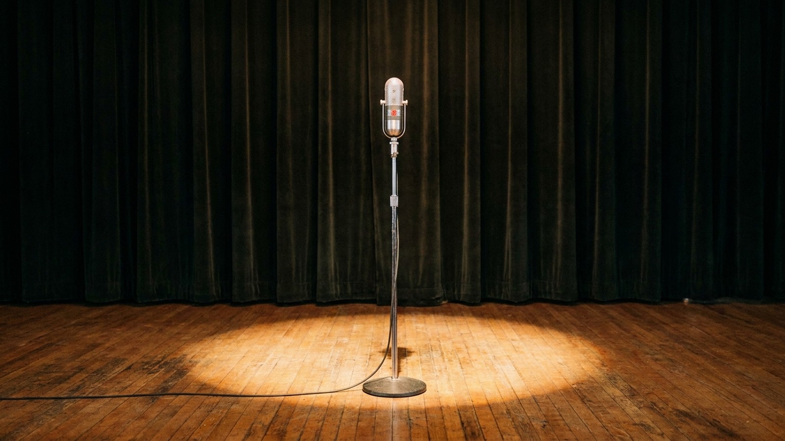 Une scène de music-hall d'époque, un vieux microphone sur pied au centre, rideau sombre et projecteur chaud, parquet ancien