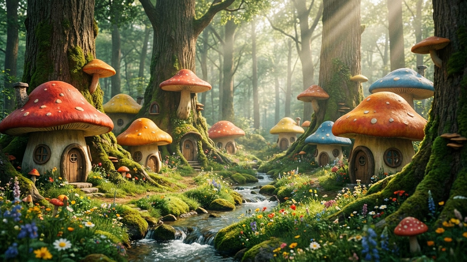 Village de maisons-champignons colorées dans une forêt verdoyante et magique avec un ruisseau