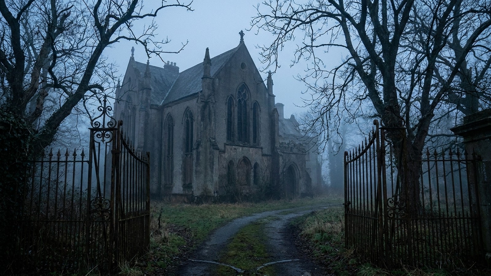 Un vieux manoir mystérieux au crépuscule, entouré d'arbres nus et de brume, fenêtres sombres et atmosphère de film d'enquête