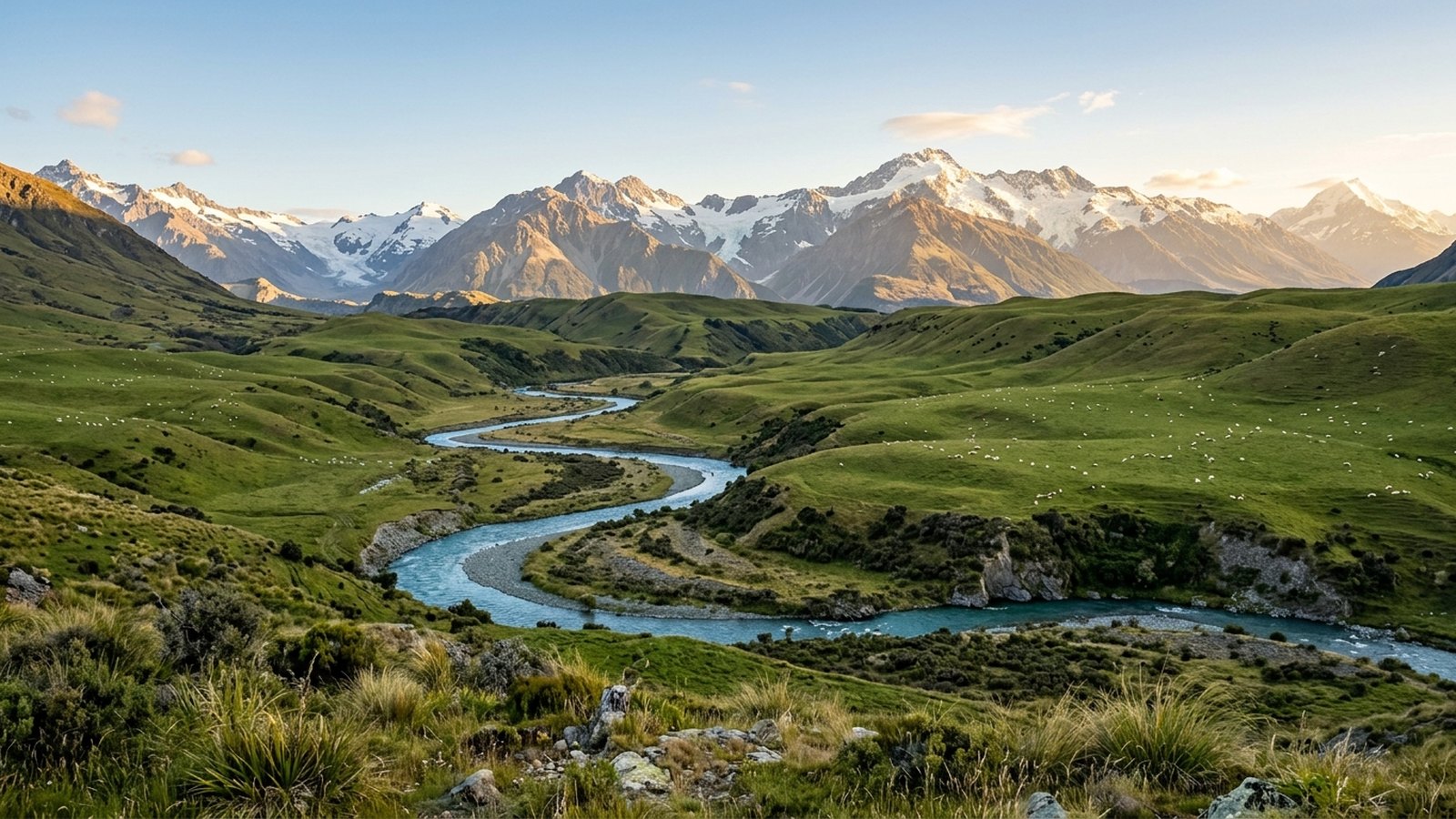 Vastes collines verdoyantes et montagnes de Nouvelle-Zélande sous une lumière dorée