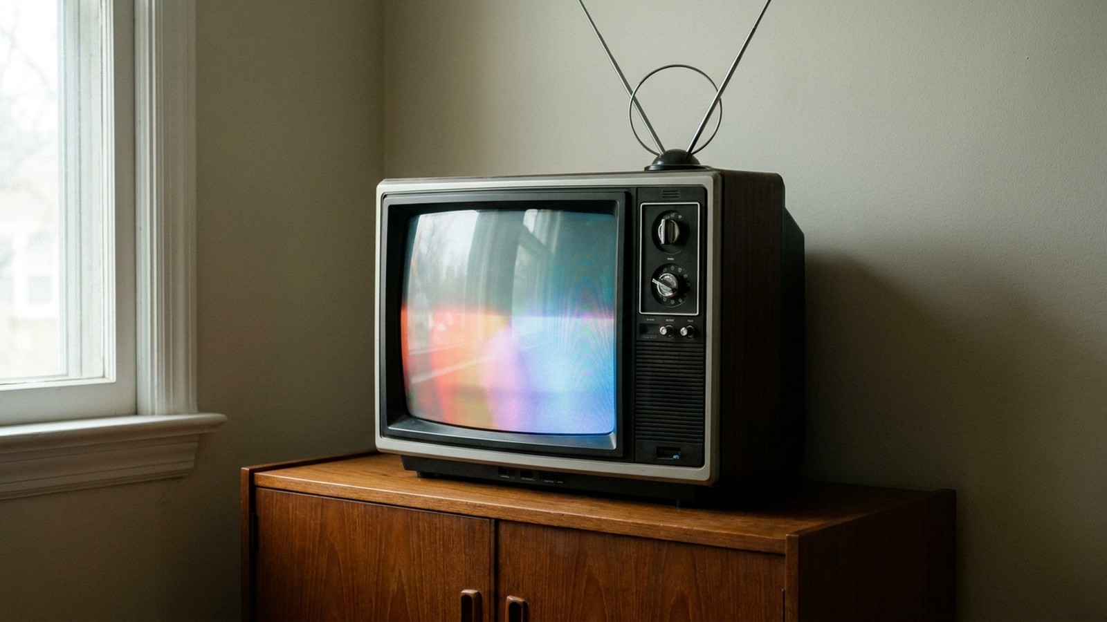 Un téléviseur des années 80 avec une antenne râteau sur un meuble en bois