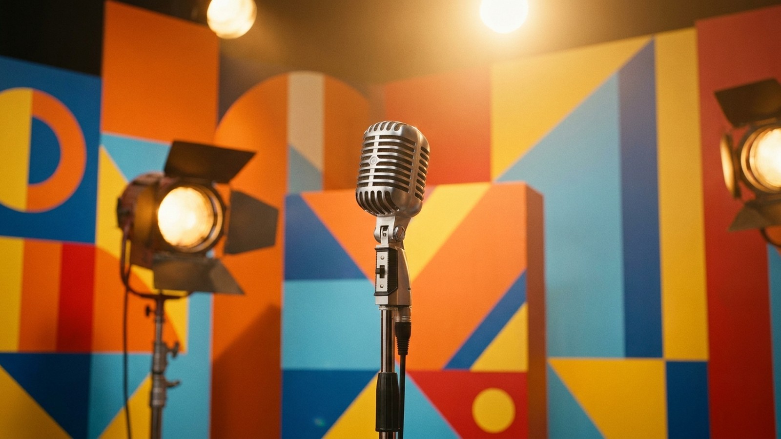 Une scène rétro des années 1960 aux couleurs vives, un vieux microphone sur pied et un décor pop coloré, projecteurs chaleureux
