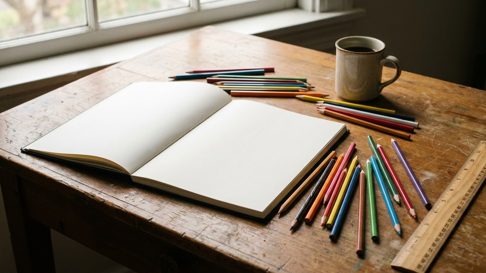 Carnet de croquis vierge et crayons de couleur sur un bureau d'artiste près d'une fenêtre