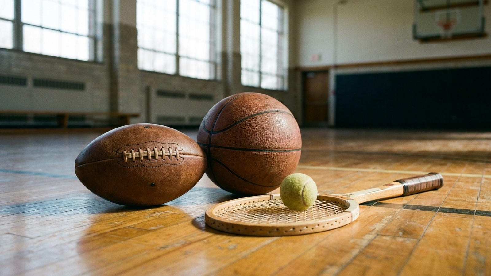 Du matériel de sport posé ensemble sur un parquet de gymnase : un ballon de football, un ballon de basket et une raquette, lumière lumineuse