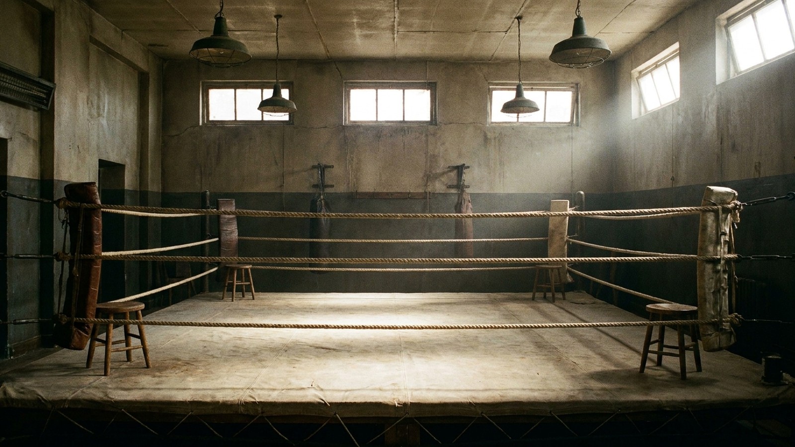 Un ring de boxe vintage vide dans une salle d'entraînement, cordes tendues, tabourets dans les coins et projecteurs suspendus, clair-obscur