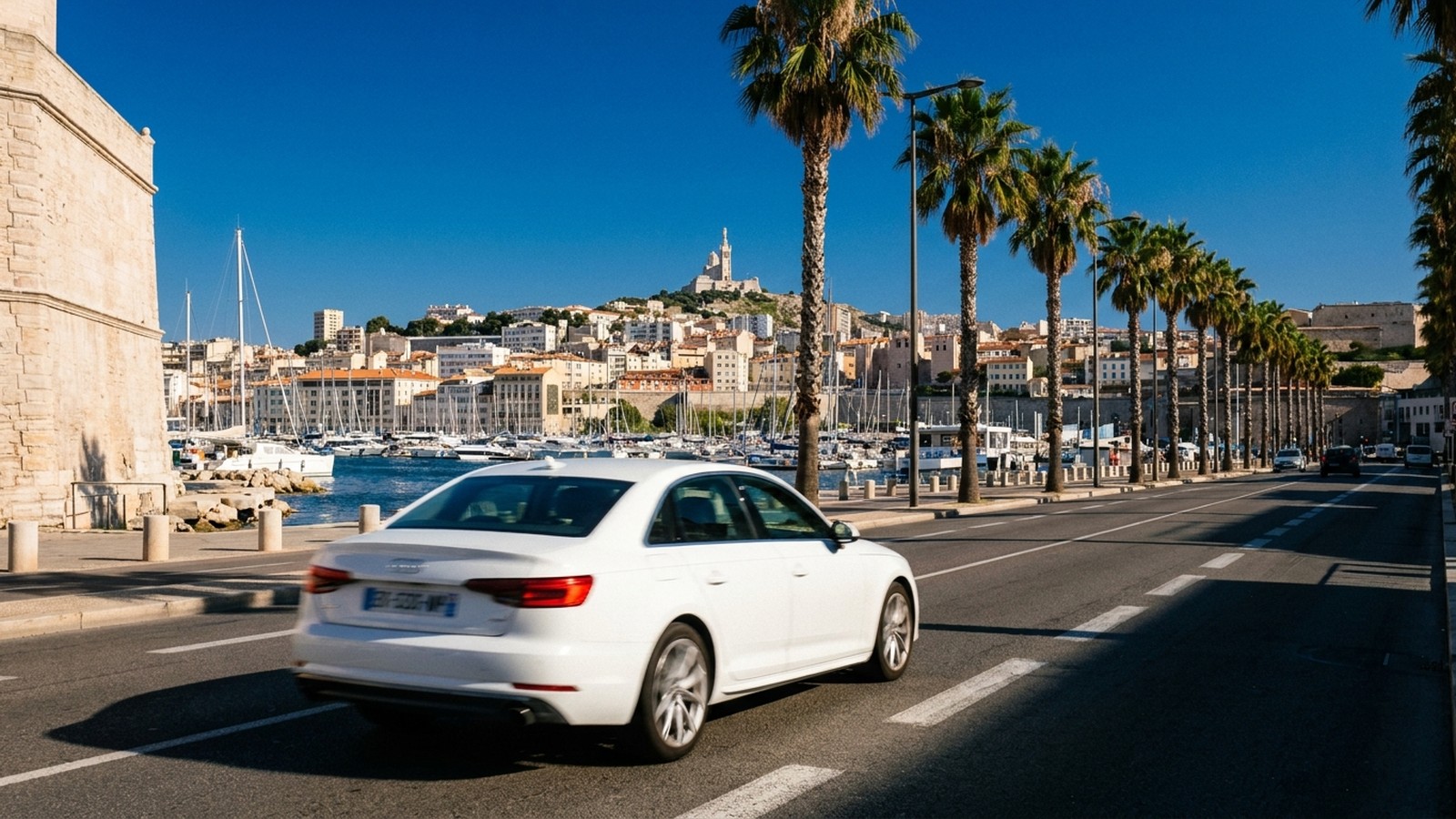 Une rue ensoleillée de Marseille avec le Vieux-Port en arrière-plan et une berline blanche filant sur la chaussée