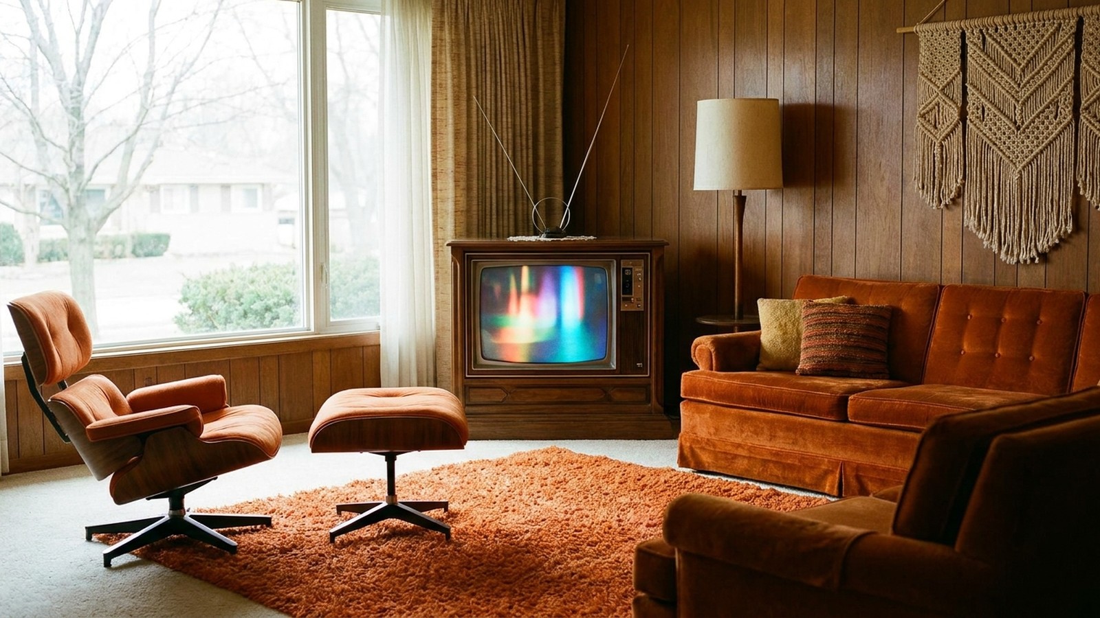 Un salon des années 70 avec un téléviseur en bois aux formes arrondies et un mobilier d'époque
