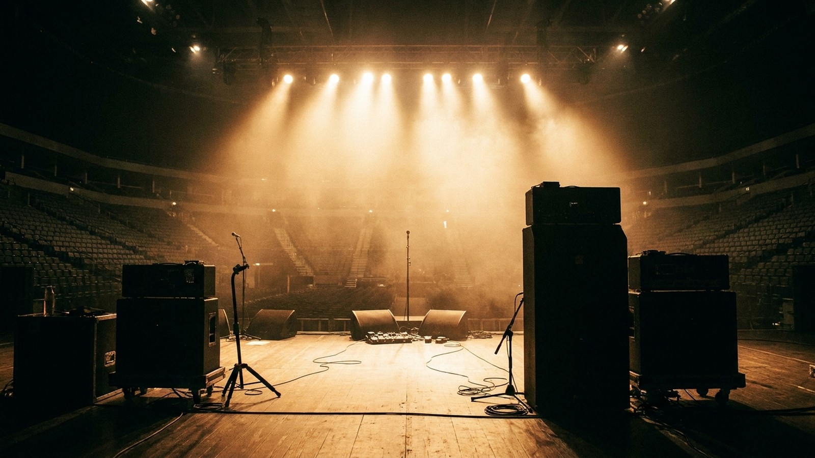 Une scène de concert de rock vide baignée de lumières chaudes et de projecteurs, pieds de micro, amplis sombres et légère fumée, gradins dans l'ombre