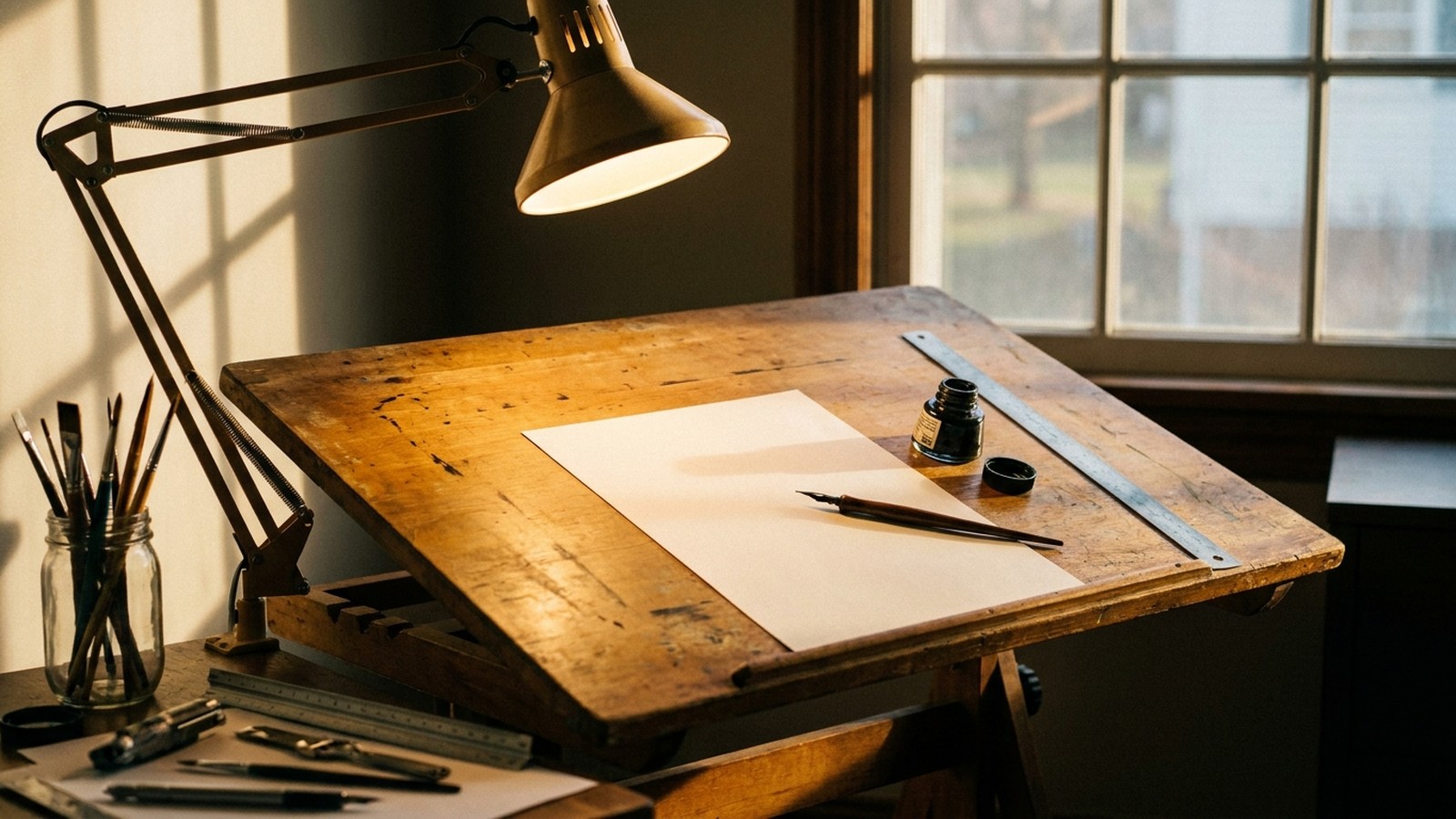 Bureau de dessinateur de bande dessinée avec planche à dessin, plume, encrier et lampe d'atelier