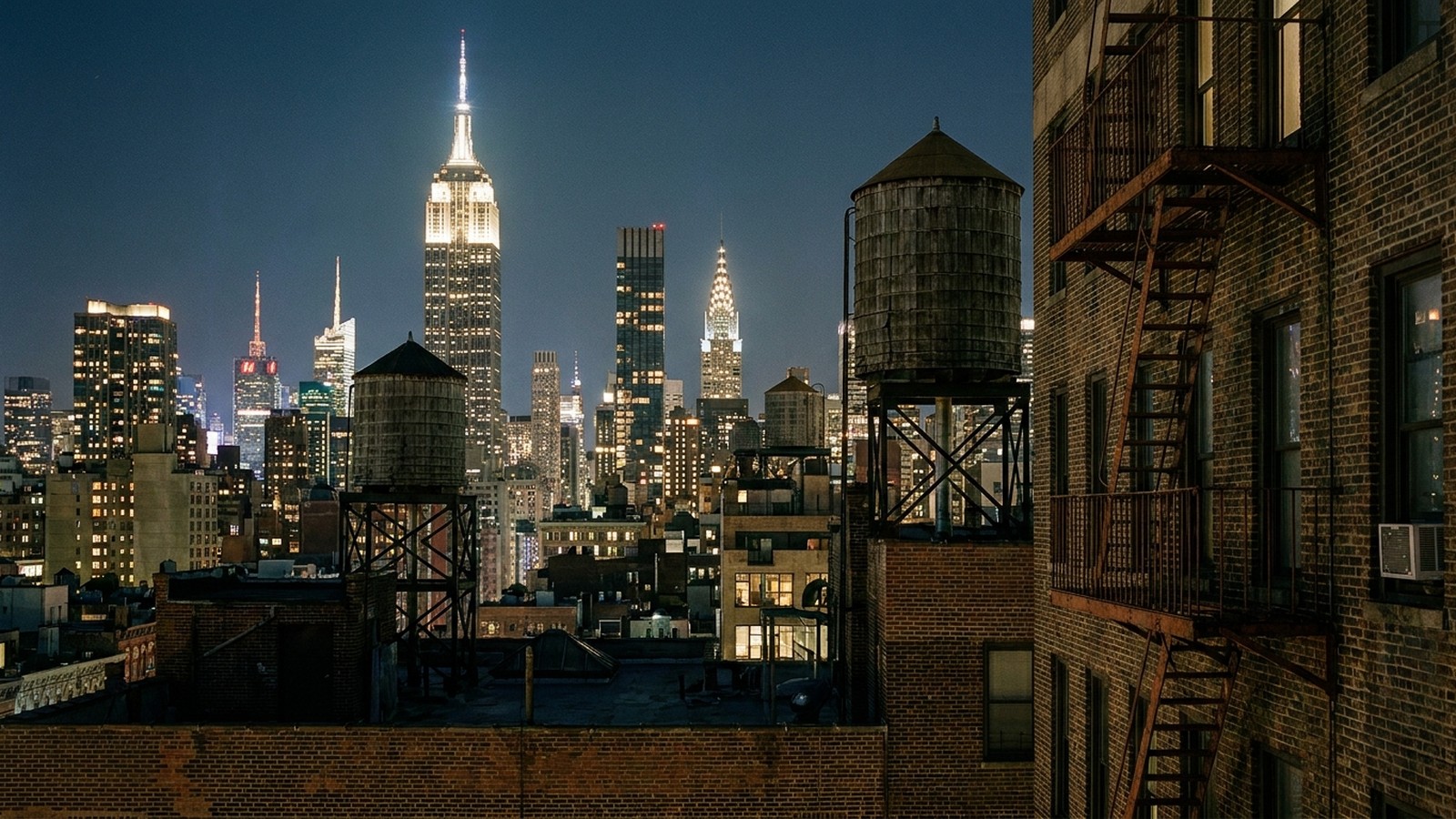 Toits de New York la nuit avec châteaux d'eau en bois, escaliers de secours et gratte-ciels illuminés