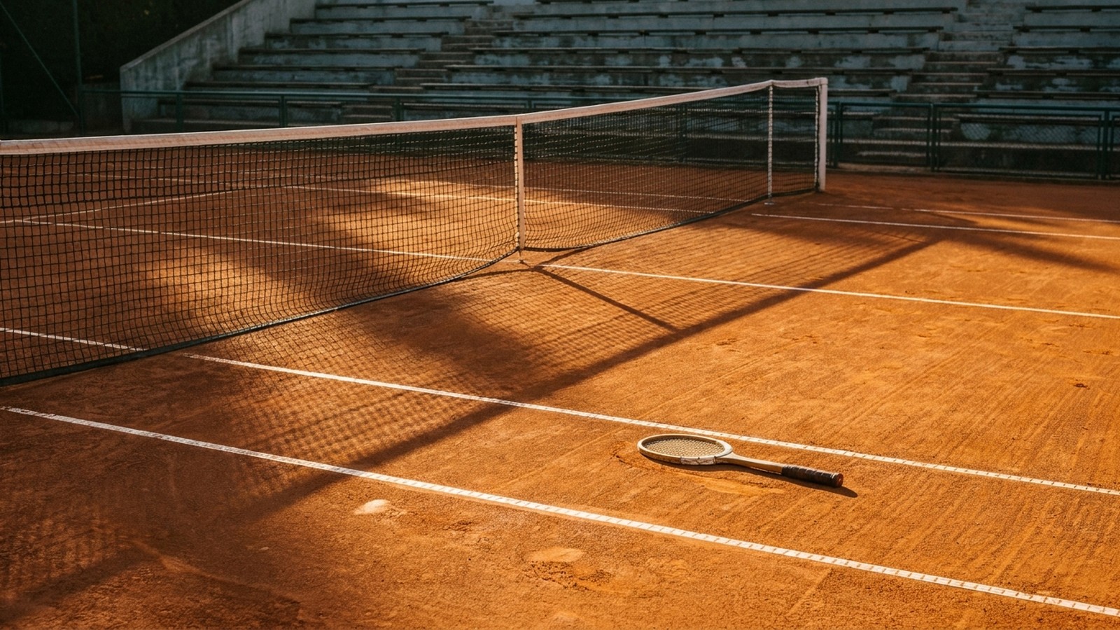 Un court de tennis en terre battue ocre, lignes blanches fraîchement tracées, filet tendu et une raquette posée au sol, gradins vides