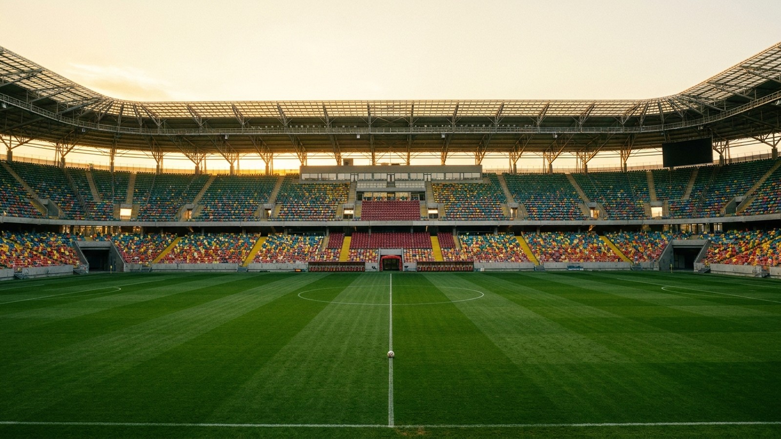 Un grand stade de football moderne vide à la golden hour, pelouse verte parfaitement tondue et ballon posé sur la ligne médiane
